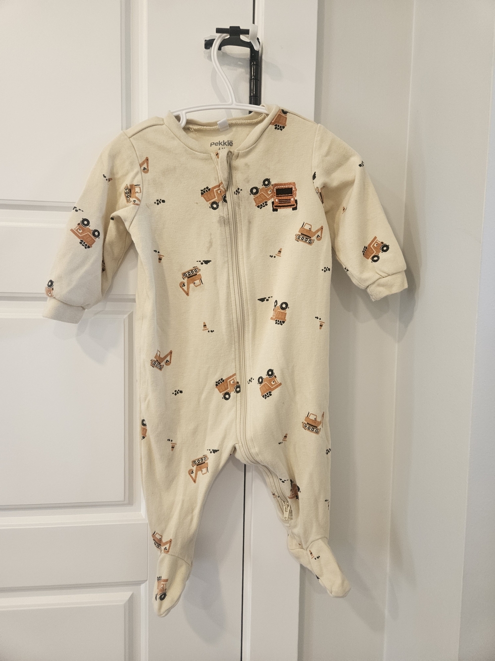 Cream Zip Footed One-Piece with Orange Truck Print